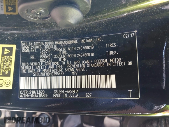 2017 Toyota Highlander XLE with VIN 5TDJZRFH8HS395467, listed as a IAAI auction lot 42577658 with 66,639 mi miles and . Bid and sale history available at DreamBid. Image 9.
