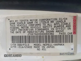 2004 Scion xA z VIN JTKKT624940065382, wystawiony jako IAAI lot #41162850 z przebiegiem 205 122 mil mil oraz . Historia ofert i sprzedaży dostępna na DreamBid. Obrazek 9.
