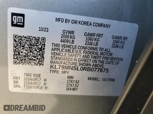 2024 Chevrolet TrailBlazer LS with VIN KL79MNSL0RB077675, listed as a Copart auction lot 78838914 with 4,347 mi miles and Salvage Title. Bid and sale history available at DreamBid. Image 14.
