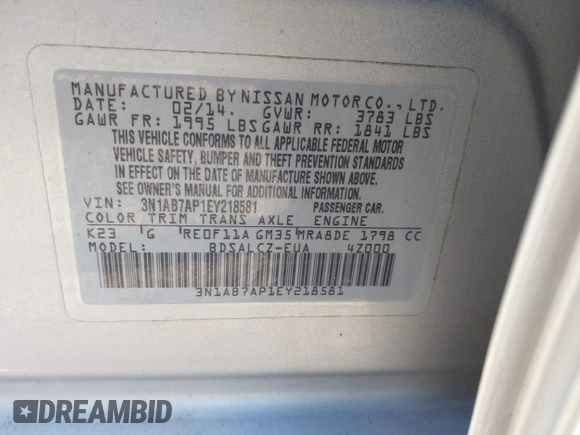 2014 Nissan Sentra SR z VIN 3N1AB7AP1EY218581, wystawiony jako IAAI lot #41853117 z przebiegiem 125 967 mil mil oraz . Historia ofert i sprzedaży dostępna na DreamBid. Obrazek 9.