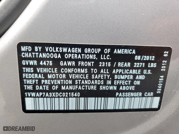 2013 Volkswagen Passat S with VIN 1VWAP7A3XDC021540, listed as a Copart auction lot 47683435 with 283,842 mi miles and Non Repairable. Bid and sale history available at carsss.com. Image 12.