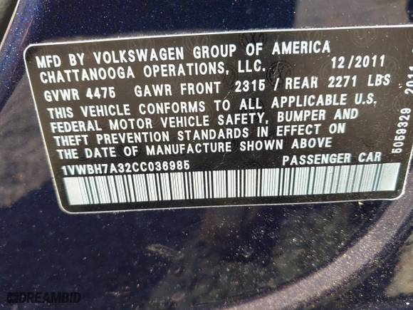 2012 Volkswagen Passat SE with VIN 1VWBH7A32CC036985, listed as a IAAI auction lot 41903135 with 116,376 mi miles. Bid and sale history available at carsss.com. Image 9.
