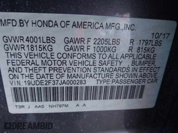 2018 Acura ILX with VIN 19UDE2F37JA000283, listed as a IAAI auction lot 41571812 with 79,843 mi miles and . Bid and sale history available at DreamBid. Image 9.