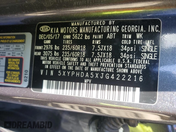 2018 Kia Sorento EX with VIN 5XYPHDA5XJG422216, listed as a Copart auction lot 45676175 with 106,771 mi miles and Salvage Title. Bid and sale history available at carsss.com. Image 15.