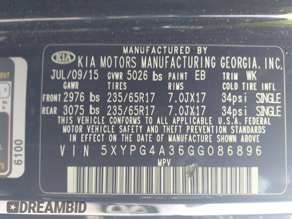 2016 Kia Sorento LX with VIN 5XYPG4A36GG086896, listed as a IAAI auction lot 41862568 with 75,277 mi miles. Bid and sale history available at carsss.com. Image 9.