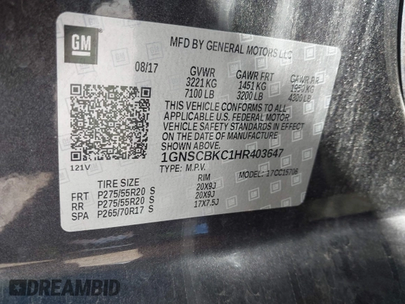2017 Chevrolet Tahoe LT with VIN 1GNSCBKC1HR403647, listed as a IAAI auction lot 42237667 with 90,969 mi miles and . Bid and sale history available at DreamBid. Image 9.