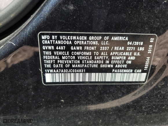 2018 Volkswagen Passat 2.0T S with VIN 1VWAA7A32JC034831, listed as a Copart auction lot 48028845 with 138,562 mi miles and Non Repairable. Bid and sale history available at carsss.com. Image 12.