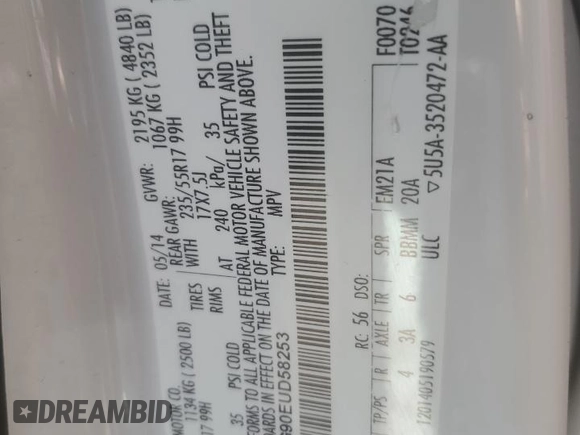 2014 Ford Escape SE with VIN 1FMCU9G90EUD58253, listed as a Copart auction lot 62630865 with 157,674 mi miles and Salvage title. Bid and sale history available at DreamBid. Image 13.