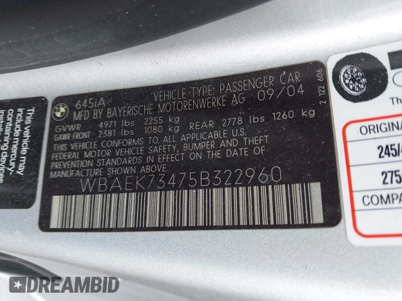 2005 BMW 6 Series 645Ci with VIN WBAEK73475B322960, listed as a IAAI auction lot 41044973 with Not Provided miles. Bid and sale history available at carsss.com. Image 9.