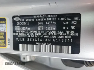 2017 Kia Optima LX with VIN 5XXGT4L36HG143791, listed as a Copart auction lot 54259095 with 129,164 mi miles and Clean Title. Bid and sale history available at carsss.com. Image 12.