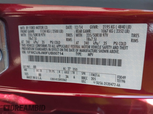 2015 Ford Escape Titanium with VIN 1FMCU9J90FUB00714, listed as a IAAI auction lot 42057717 with 61,223 mi miles. Bid and sale history available at carsss.com. Image 9.