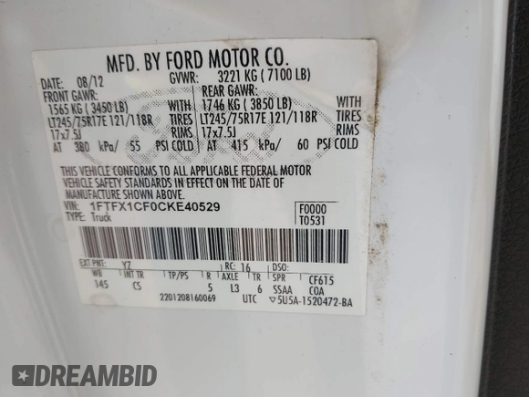 2012 Ford F-150 XL with VIN 1FTFX1CF0CKE40529, listed as a IAAI auction lot 42058990 with 234,032 mi miles. Bid and sale history available at carsss.com. Image 9.