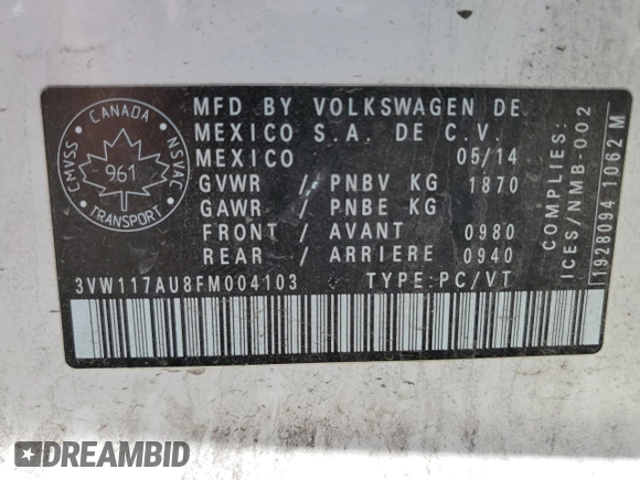 2015 Volkswagen Golf TSI S z VIN 3VW117AU8FM004103, wystawiony jako Copart lot #87642695 z przebiegiem 128 704 mil mil oraz Szkoda całkowita • Salvage title. Historia ofert i sprzedaży dostępna na DreamBid. Obrazek 12.