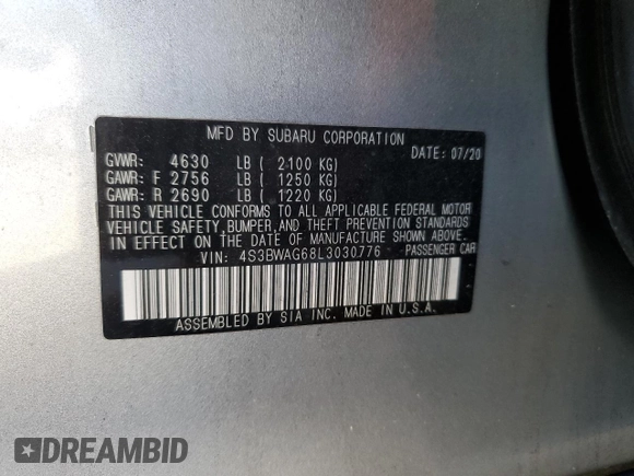2020 Subaru Legacy Special Sports with VIN 4S3BWAG68L3030776, listed as a Copart auction lot 84421784 with 32,651 mi miles and Salvage Title. Bid and sale history available at carsss.com. Image 12.