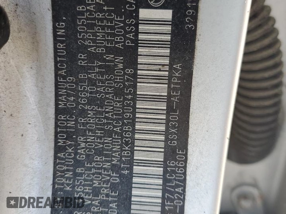 2009 Toyota Avalon XL with VIN 4T1BK36B19U345178, listed as a Copart auction lot 56037635 with Not Provided miles and Clean Title. Bid and sale history available at DreamBid. Image 12.