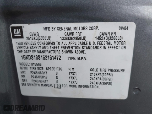 2005 GMC Envoy SLT z VIN 1GKDS13S152161472, wystawiony jako IAAI lot #40110978 z przebiegiem 141 908 mil mil oraz . Historia ofert i sprzedaży dostępna na DreamBid. Obrazek 9.