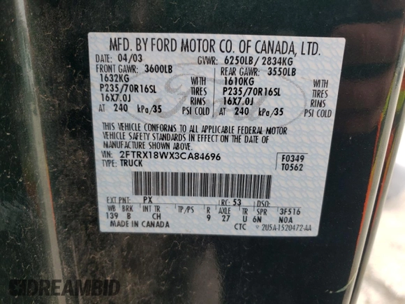 2003 Ford F-150 XL with VIN 2FTRX18WX3CA84696, listed as a Copart auction lot 43469825 with 0 mi miles and Salvage Title. Bid and sale history available at carsss.com. Image 12.