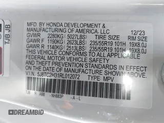 2024 Acura RDX with VIN 5J8TC2H31RL012072, listed as a IAAI auction lot 41583192 with 8,785 mi miles and . Bid and sale history available at DreamBid. Image 9.