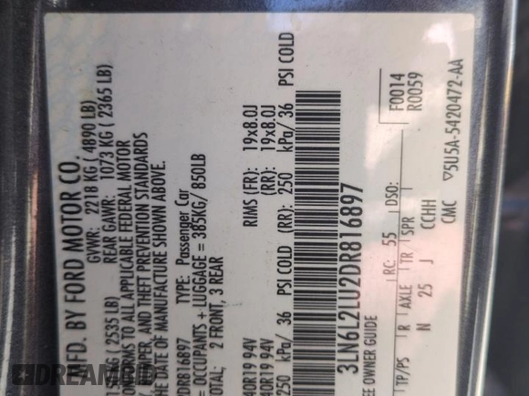 2013 Lincoln MKZ Hybrid with VIN 3LN6L2LU2DR816897, listed as a Copart auction lot 55295105 with 147,743 mi miles and Salvage Title. Bid and sale history available at carsss.com. Image 13.