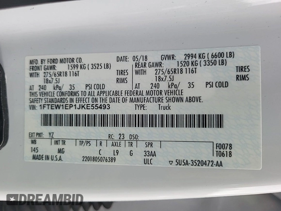 2018 Ford F-150 XL with VIN 1FTEW1EP1JKE55493, listed as a IAAI auction lot 42666714 with 104,452 mi miles and . Bid and sale history available at DreamBid. Image 9.
