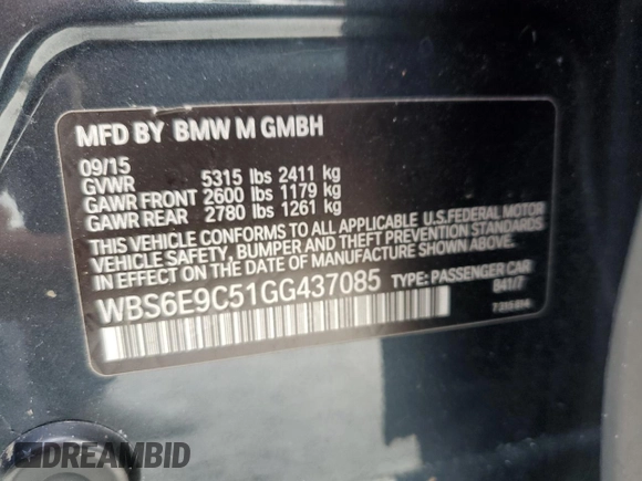2016 BMW M6 z VIN WBS6E9C51GG437085, wystawiony jako Copart lot #78982124 z przebiegiem Nie podano mil oraz Szkody całkowita. Historia ofert i sprzedaży dostępna na DreamBid. Obrazek 13.