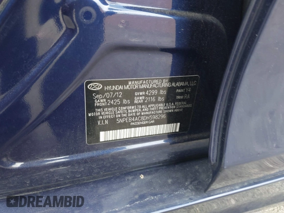 2013 Hyundai Sonata GLS with VIN 5NPEB4AC8DH598296, listed as a IAAI auction lot 41773200 with 184,071 mi miles and . Bid and sale history available at carsss.com. Image 9.