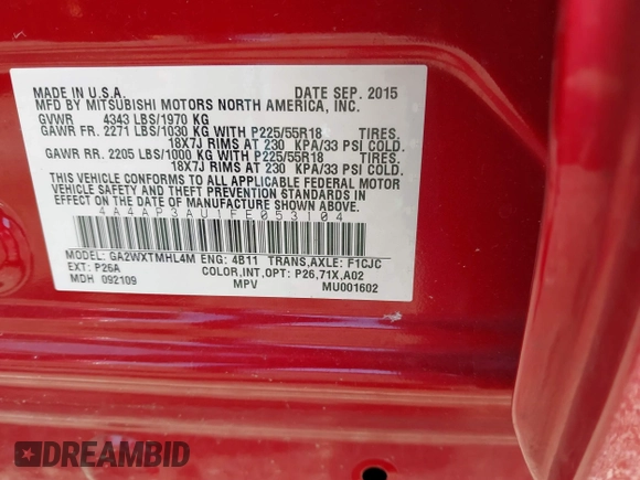 2015 Mitsubishi Outlander Sport ES with VIN 4A4AP3AU1FE053104, listed as a IAAI auction lot 40669797 with 127,778 mi miles. Bid and sale history available at carsss.com. Image 9.