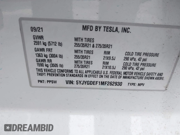 2021 Tesla Model Y Performance with VIN 5YJYGDEF1MF262930, listed as a IAAI auction lot 41606321 with 28,882 mi miles and . Bid and sale history available at DreamBid. Image 9.