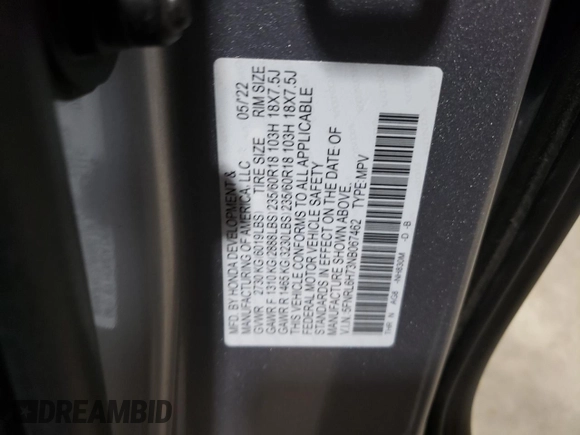 2022 Honda Odyssey EX-L with VIN 5FNRL6H73NB067462, listed as a Copart auction lot 51578965 with 44,182 mi miles and Salvage Title. Bid and sale history available at DreamBid. Image 13.