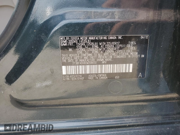 2012 Toyota RAV4 with VIN 2T3BF4DV8CW208650, listed as a Copart auction lot 63987595 with 147,928 mi miles and Clean title. Bid and sale history available at DreamBid. Image 13.