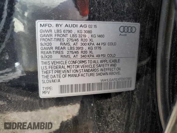2015 Audi Q7 Premium Plus with VIN WA1LGAFEXFD017661, listed as a Copart auction lot 56394585 with 111,558 mi miles and Clean Title. Bid and sale history available at DreamBid. Image 13.