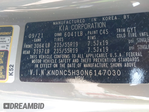 2022 Kia Carnival EX with VIN KNDNC5H30N6147030, listed as a IAAI auction lot 41902515 with 54,137 mi miles and . Bid and sale history available at carsss.com. Image 9.