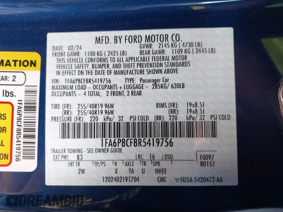 2024 Ford Mustang GT z VIN 1FA6P8CF8R5419756, wystawiony jako IAAI lot #42482363 z przebiegiem 20 480 mil mil oraz . Historia ofert i sprzedaży dostępna na DreamBid. Obrazek 9.