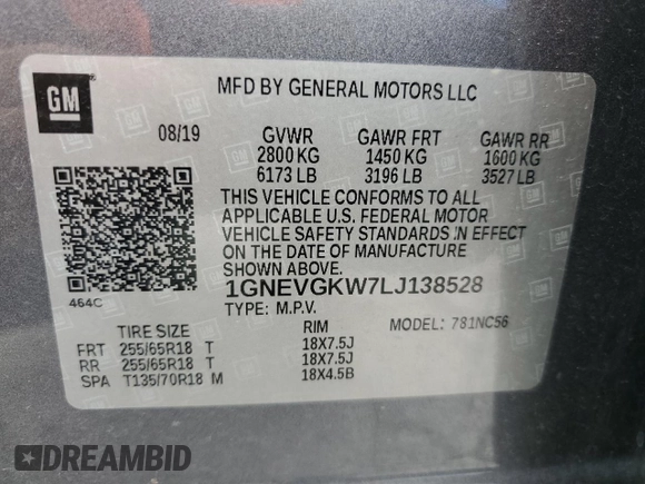 2020 Chevrolet Traverse LT Cloth with VIN 1GNEVGKW7LJ138528, listed as a Copart auction lot 60465095 with 84,996 mi miles and Clean title. Bid and sale history available at DreamBid. Image 13.