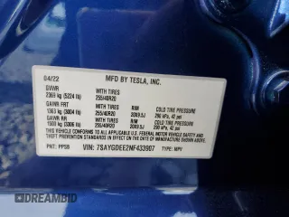 2022 Tesla Model Y Long Range z VIN 7SAYGDEE2NF433907, wystawiony jako Copart lot #54402215 z przebiegiem 44 765 mil mil oraz Szkody całkowita. Historia ofert i sprzedaży dostępna na DreamBid. Obrazek 13.