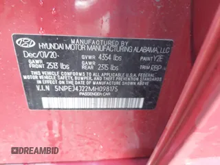 2021 Hyundai Sonata SEL Plus with VIN 5NPEJ4J22MH098175, listed as a IAAI auction lot 41379948 with 78,519 mi miles and . Bid and sale history available at DreamBid. Image 9.