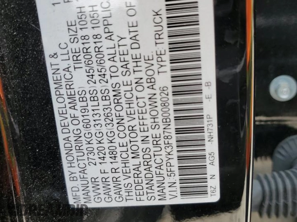 2022 Honda Ridgeline Black Edition with VIN 5FPYK3F87NB008026, listed as a Copart auction lot 59662015 with Not provided miles and Salvage title. Bid and sale history available at DreamBid. Image 14.