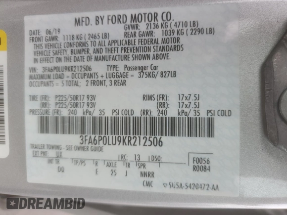 2019 Ford Fusion SE with VIN 3FA6P0LU9KR212506, listed as a Copart auction lot 52276695 with 177,015 mi miles and Salvage Title. Bid and sale history available at DreamBid. Image 12.