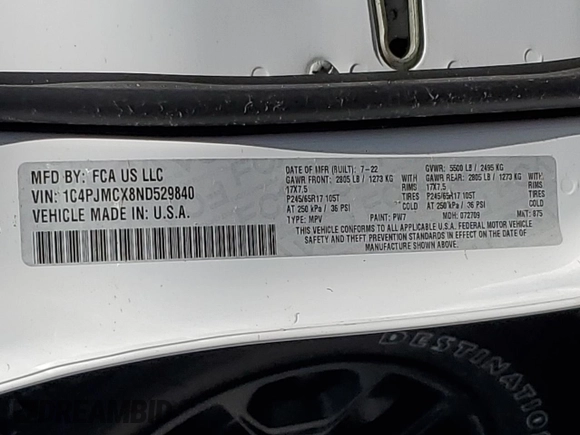 2022 Jeep Cherokee X с VIN 1C4PJMCX8ND529840, выставлен на аукционе Copart как лот 61806905 с пробегом 33 542 миль миль и Списание • Salvage title. История ставок и продаж доступна на DreamBid. Изображение 13.