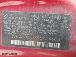 2008 BMW 3 Series 328i with VIN WBAVC53598A246811, listed as a IAAI auction lot 41602611 with 1 mi miles. Bid and sale history available at carsss.com. Image 9.