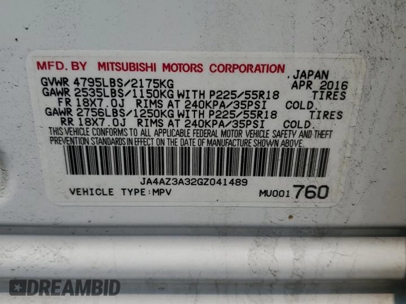 2016 Mitsubishi Outlander SE with VIN JA4AZ3A32GZ041489, listed as a Copart auction lot 59444705 with 137,896 mi miles and Clean title. Bid and sale history available at DreamBid. Image 13.