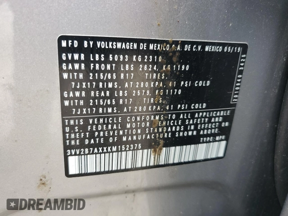 2019 Volkswagen Tiguan SE z VIN 3VV2B7AXXKM152375, wystawiony jako Copart lot #63985805 z przebiegiem 56 386 mil mil oraz Szkoda całkowita • Salvage title. Historia ofert i sprzedaży dostępna na DreamBid. Obrazek 13.