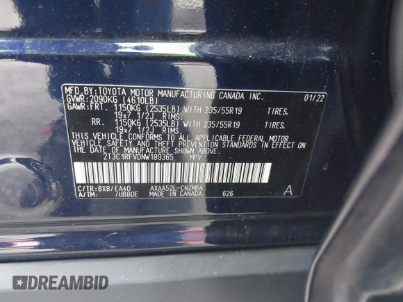 2022 Toyota RAV4 XLE Premium with VIN 2T3C1RFV0NW189365, listed as a IAAI auction lot 41691045 with 42,171 mi miles. Bid and sale history available at carsss.com. Image 9.