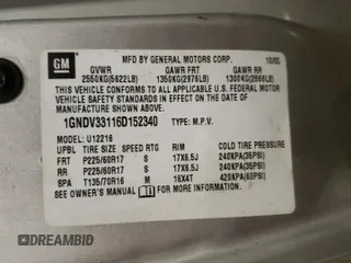 2006 Chevrolet Uplander 3LT with VIN 1GNDV33116D152340, listed as a Copart auction lot 83641134 with 116,351 mi miles and Clean Title. Bid and sale history available at DreamBid. Image 13.