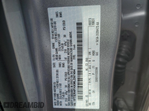 2021 Ford Ranger XL with VIN 1FTER4FHXMLD97494, listed as a Copart auction lot 62921883 with 17,254 mi miles and . Bid and sale history available at DreamBid. Image 12.