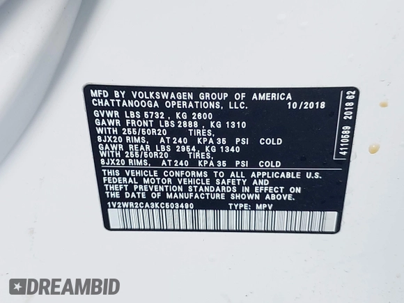 2019 Volkswagen Atlas SE z VIN 1V2WR2CA3KC503490, wystawiony jako IAAI lot #42168340 z przebiegiem 70 868 mil mil oraz . Historia ofert i sprzedaży dostępna na DreamBid. Obrazek 9.