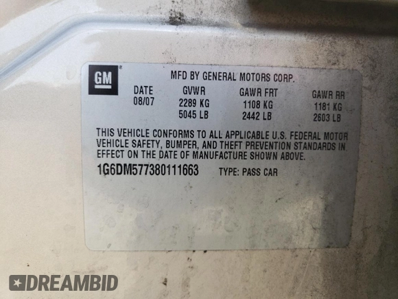2008 Cadillac CTS RWD with VIN 1G6DM577380111663, listed as a Copart auction lot 58444615 with 179,361 mi miles and Salvage title. Bid and sale history available at DreamBid. Image 12.