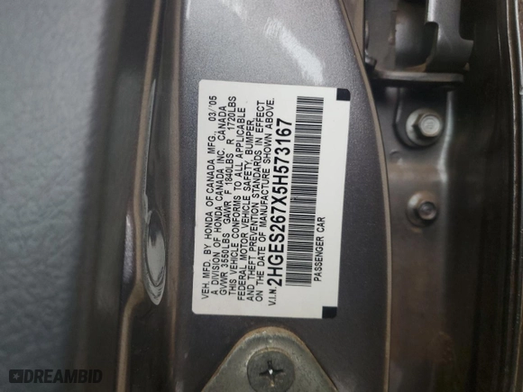 2005 Honda Civic Sdn EX with VIN 2HGES267X5H573167, listed as a Copart auction lot 51831345 with 176,526 mi miles and Salvage Title. Bid and sale history available at carsss.com. Image 12.