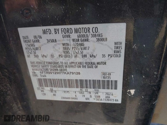 2007 Ford F-150 XLT z VIN 1FTRW12W77KA79128, wystawiony jako IAAI lot #41099284 z przebiegiem 154 191 mil mil oraz . Historia ofert i sprzedaży dostępna na DreamBid. Obrazek 9.