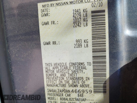 2010 Nissan Altima 2.5 S with VIN 1N4AL2AP0AN466959, listed as a IAAI auction lot 42038721 with 181,485 mi miles. Bid and sale history available at carsss.com. Image 9.